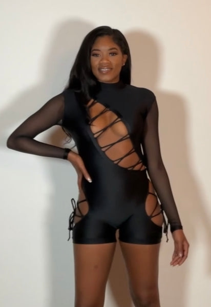 Black Asymmetrical Lace-Up Mesh Sleeve Romper