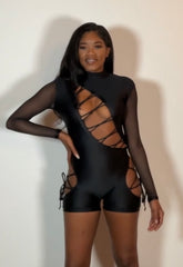 Black Asymmetrical Lace-Up Mesh Sleeve Romper